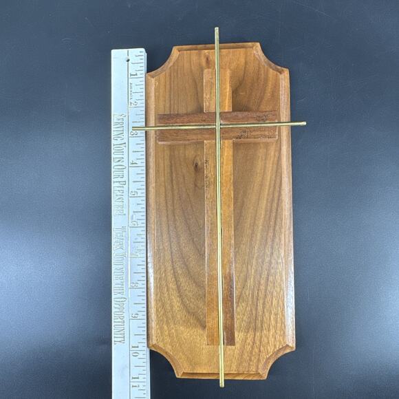 Vintage Cross Minimalist MCM Style Wood Brass Hanging Wall Plaque 11” - Picture 6 of 16